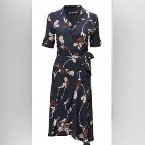 GANNI Dress Dalton Wrap Crepe Midi Floral Tie Belt Navy